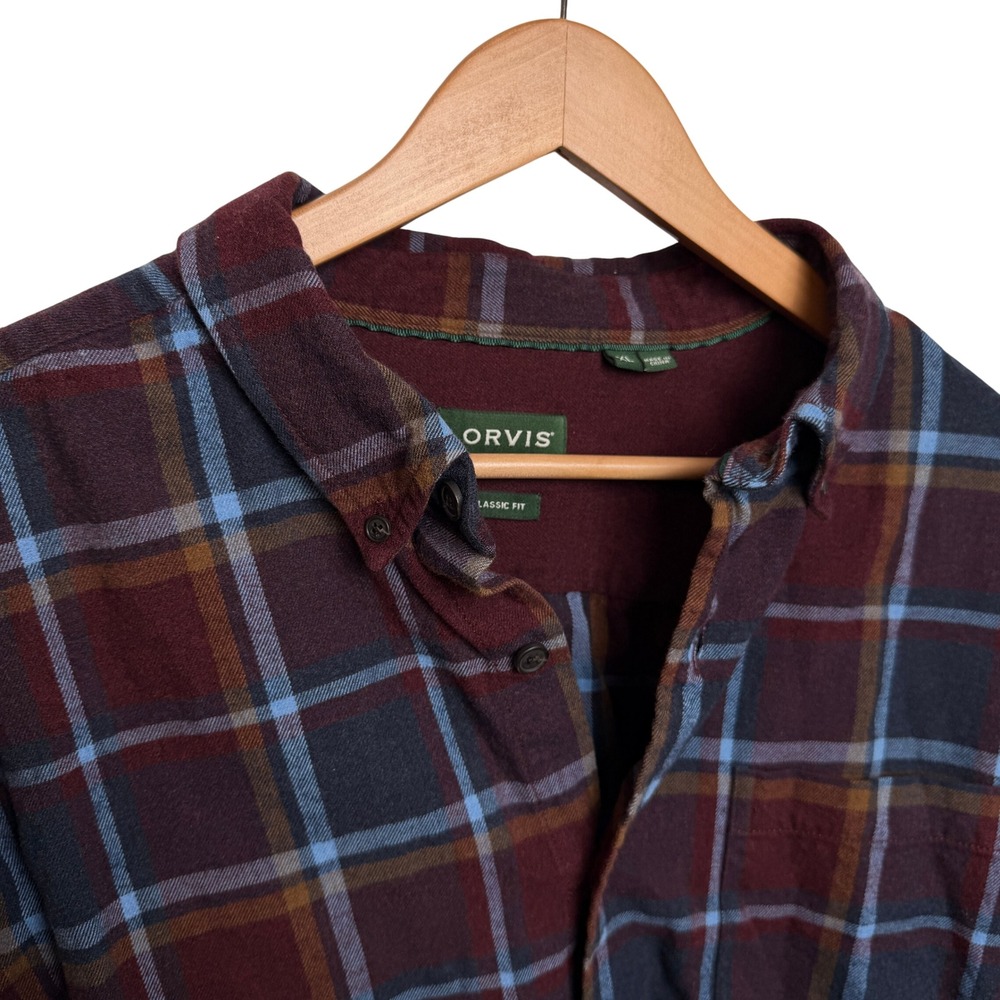 Orvis‎ Mens Plaid Flannel Shirt Button Down XL Burgundy Blue Rugged Rustic Work - Picture 8 of 8